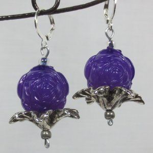 Handcrafted Pierced Earrings Chunky Purple Roses Silver Leaves Dangle Statement